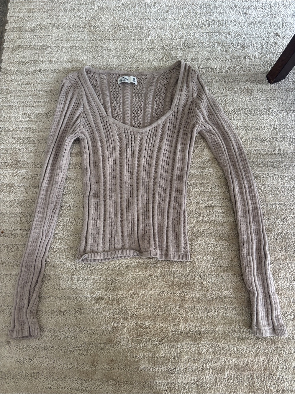 Hollister Taupe Ribbed Scoop Neck Long Sleeve Top